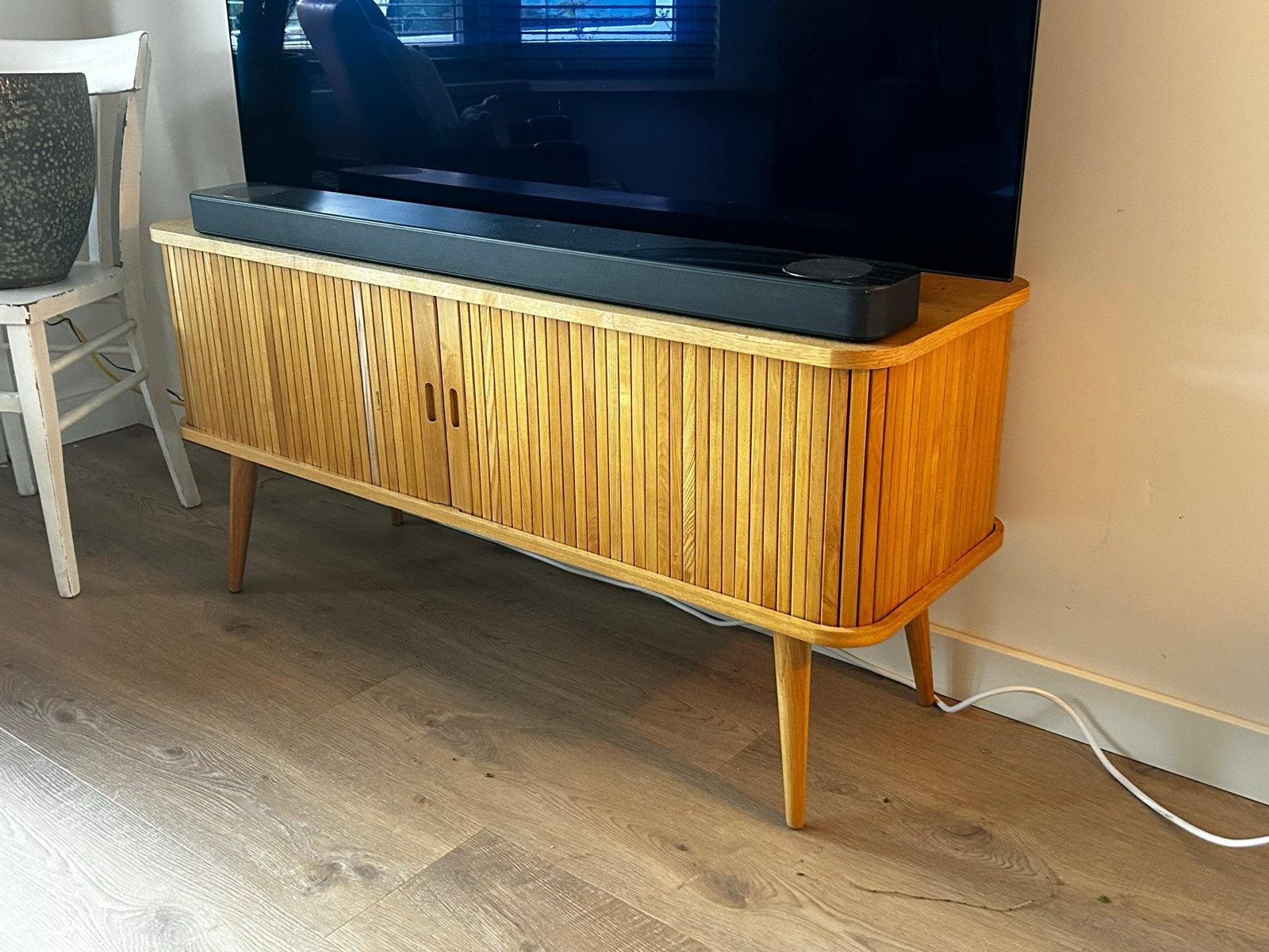 Zuiver Barbier dressoir met tambourdeuren - Essenhout, Ophalen, Gebruikt, 100 tot 150 cm, Minder dan 100 cm