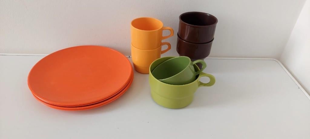 10 Delig oranje retro plastic kunstof vintage picknick 70, Eu, Gebruikt, Eu, Ophalen of Verzenden
