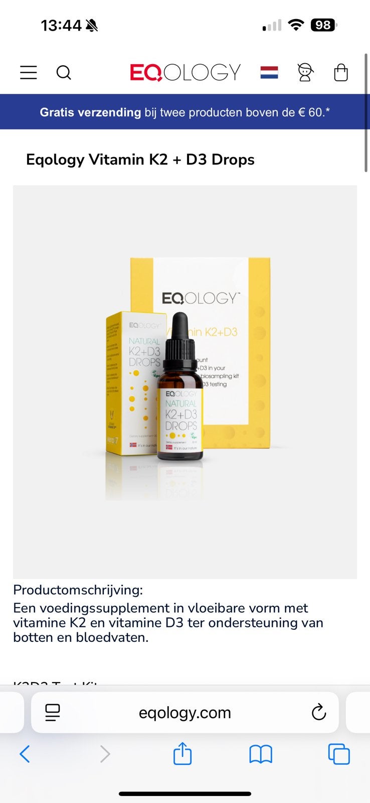 Eqology vitamine D3 & K-2 1/3 flesjes, Ophalen of Verzenden, Nieuw, Overige gebieden, Overige typen