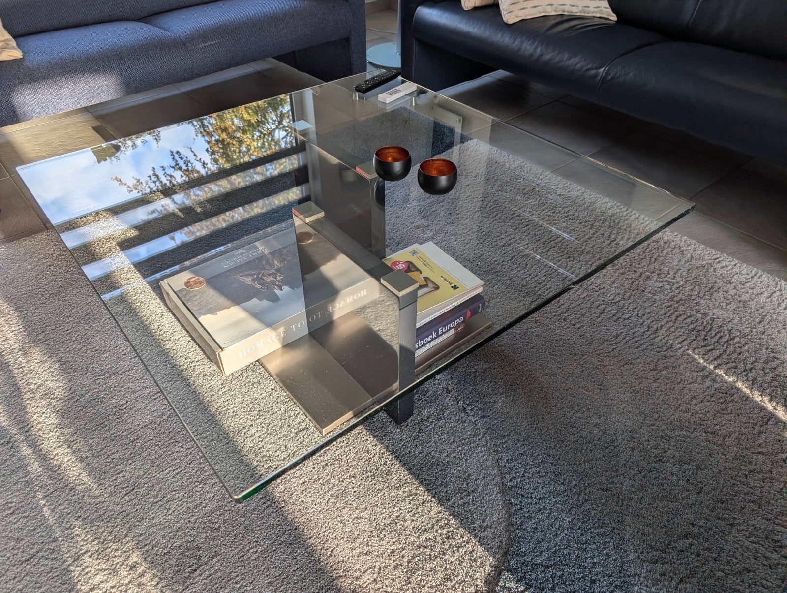 Salontafel glas en metaal 100x100x38 cm, Huis en Inrichting, Ophalen