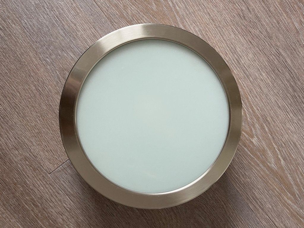 Plafonniere glas met rvs rand, Ophalen of Verzenden, Gebruikt, Glas, 23 cm