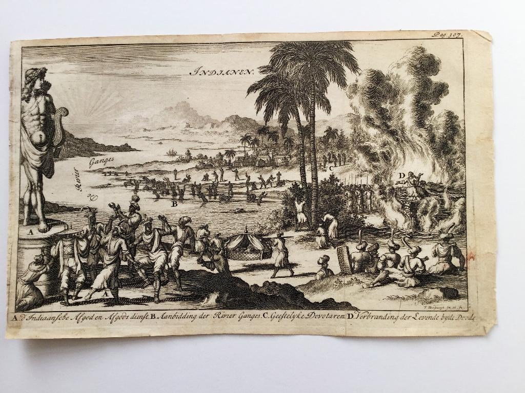 Afgoderij India (Ganges), zeldzame prent 1685., Antiek en Kunst, Religie, 1600 - 1699, Origineel, 20 cm