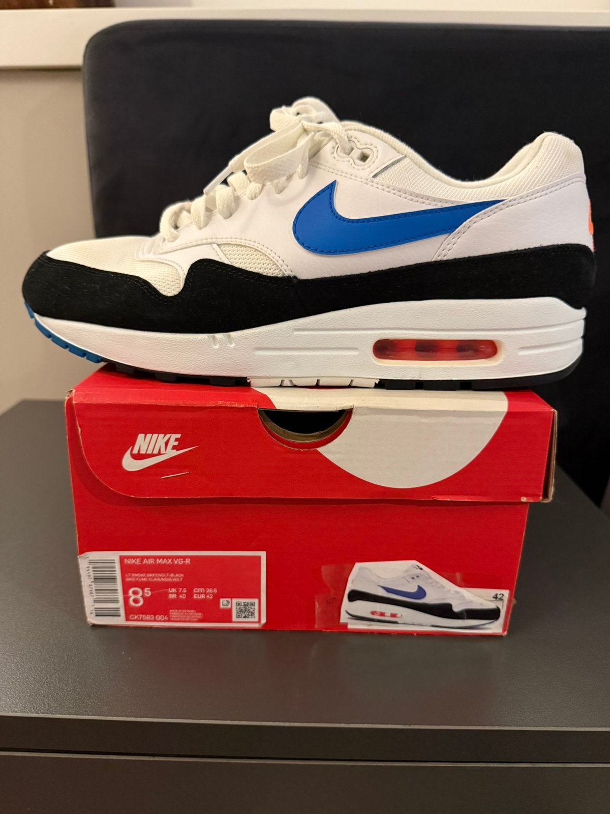 Nike Air Max 1 Photo Blue eu43, Verzenden, Blauw, Sneakers of Gympen, Zo goed als nieuw