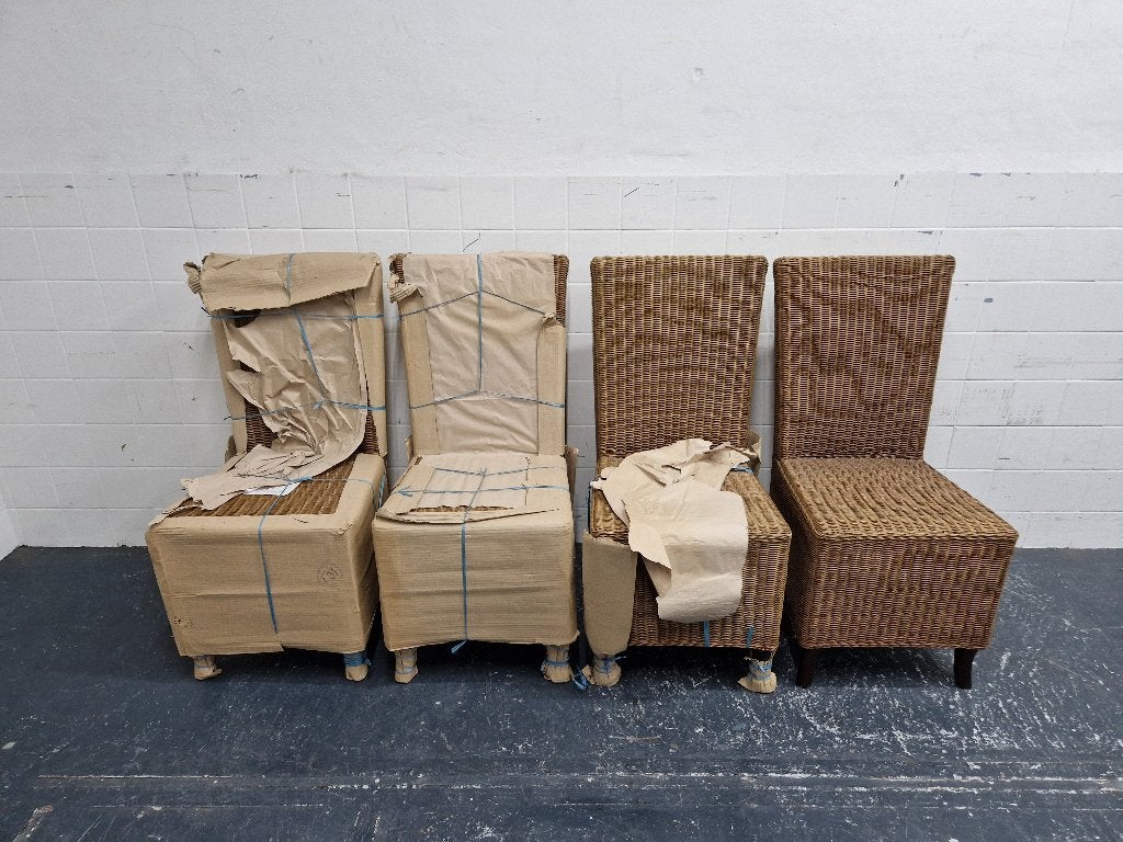 4 bruine rotan / rieten eetkamerstoelen, Ophalen, Gebruikt, Bruin, Onbekend