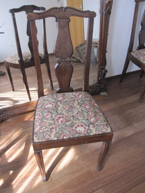 4 ranke eiken stoelen, prachtige gobelin zitting mooie kleur, Ophalen