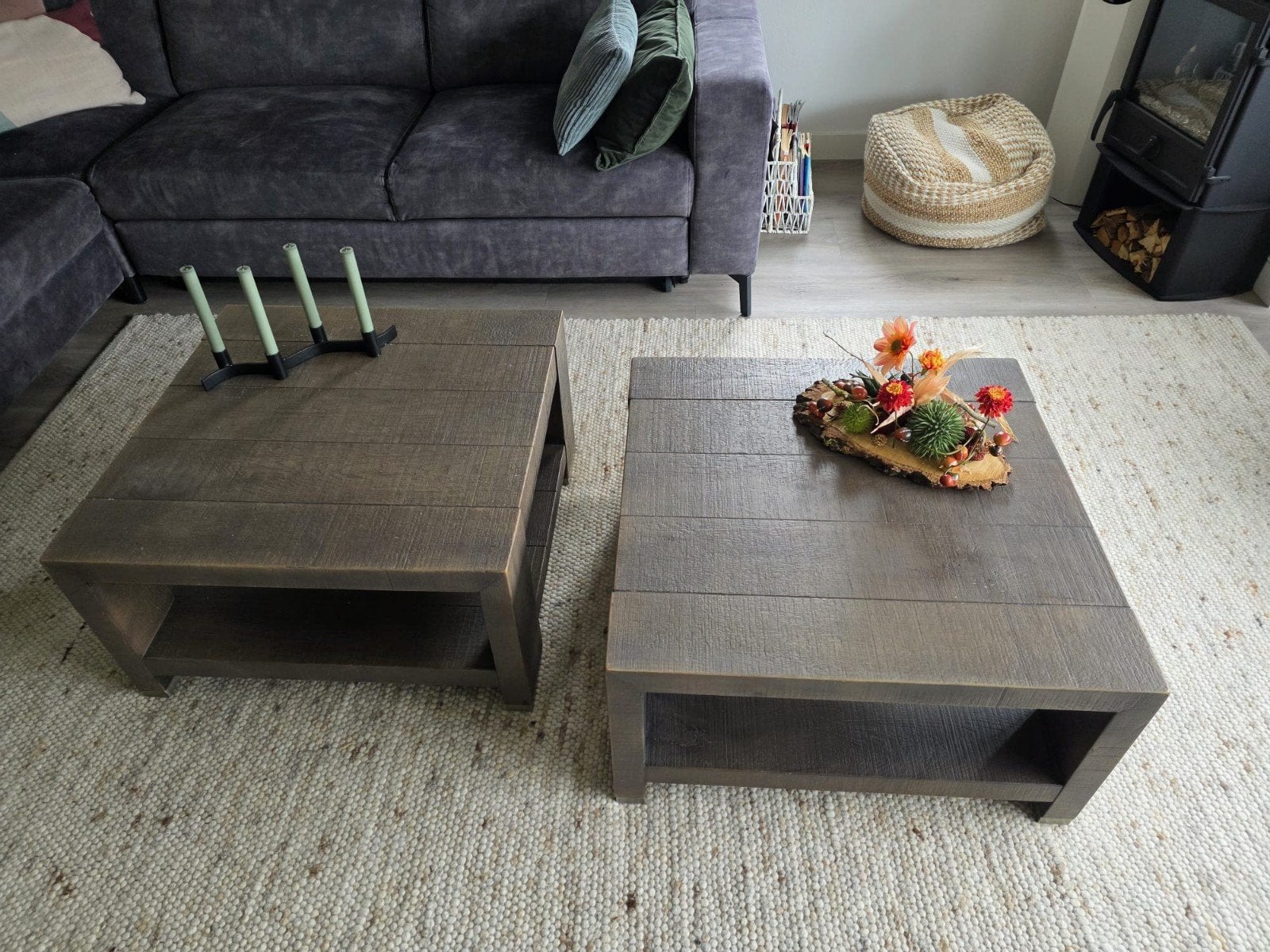 Huiskamerset van salontafels, eettafel en kast van eikenhout, Antiek en Kunst, Ophalen