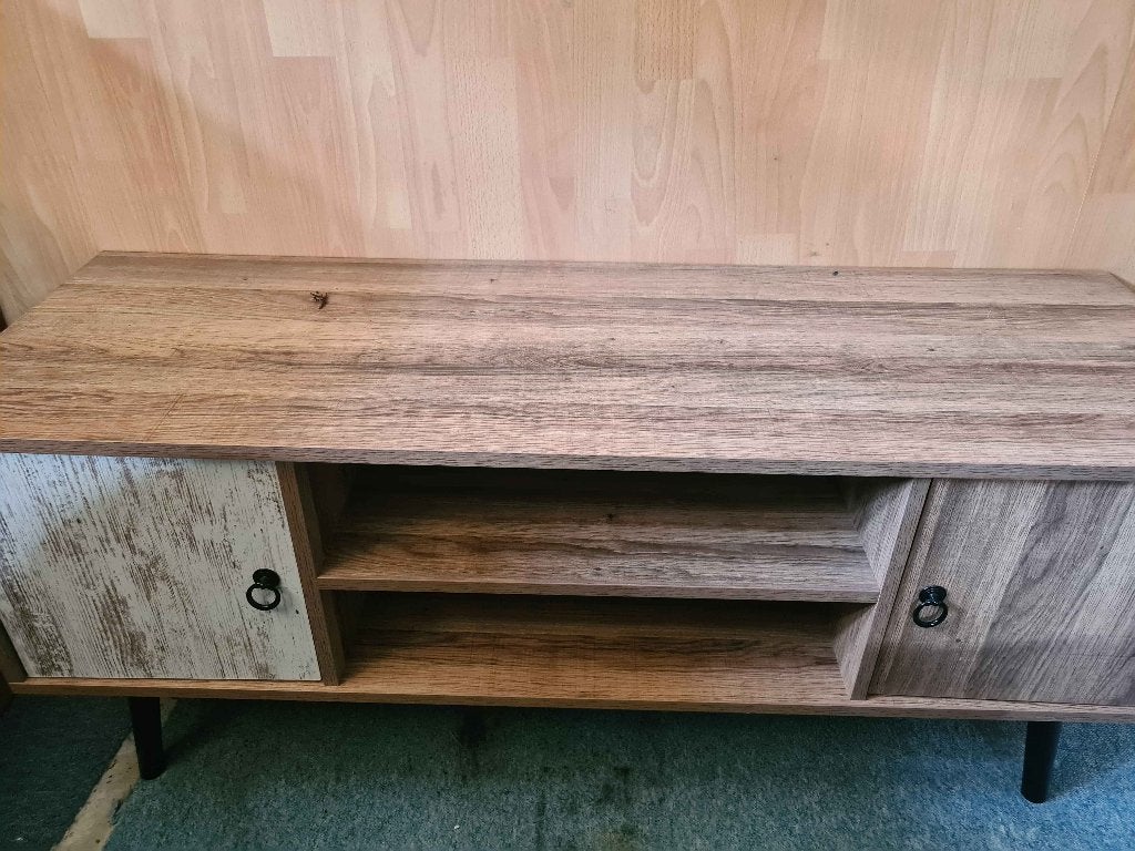 Industrieel / Retro TV-Meubel (Houtlook), Ophalen, 100 tot 150 cm, Retro / industrial, Zo goed als nieuw