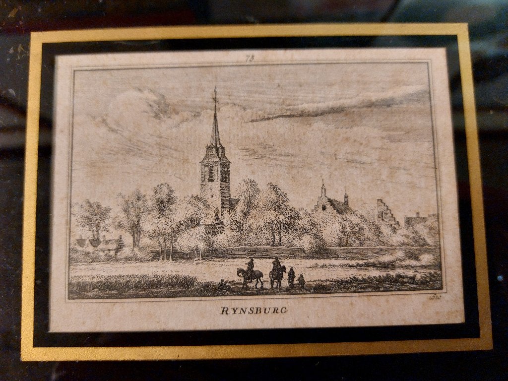 Gravure van de Grote Kerk Rijnsburg Abdij Ingelijst Antiek, Ophalen of Verzenden, Landschap, Gravure