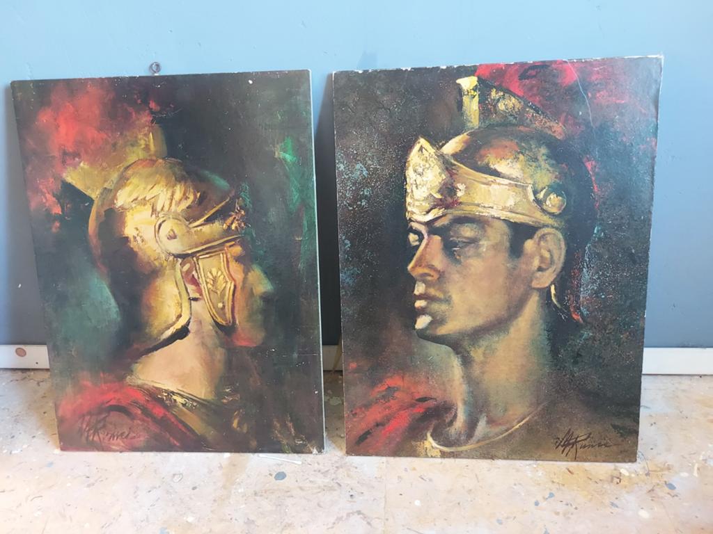 Set van 2 vintage schilderijen: Romeinse soldaten, Ophalen of Verzenden