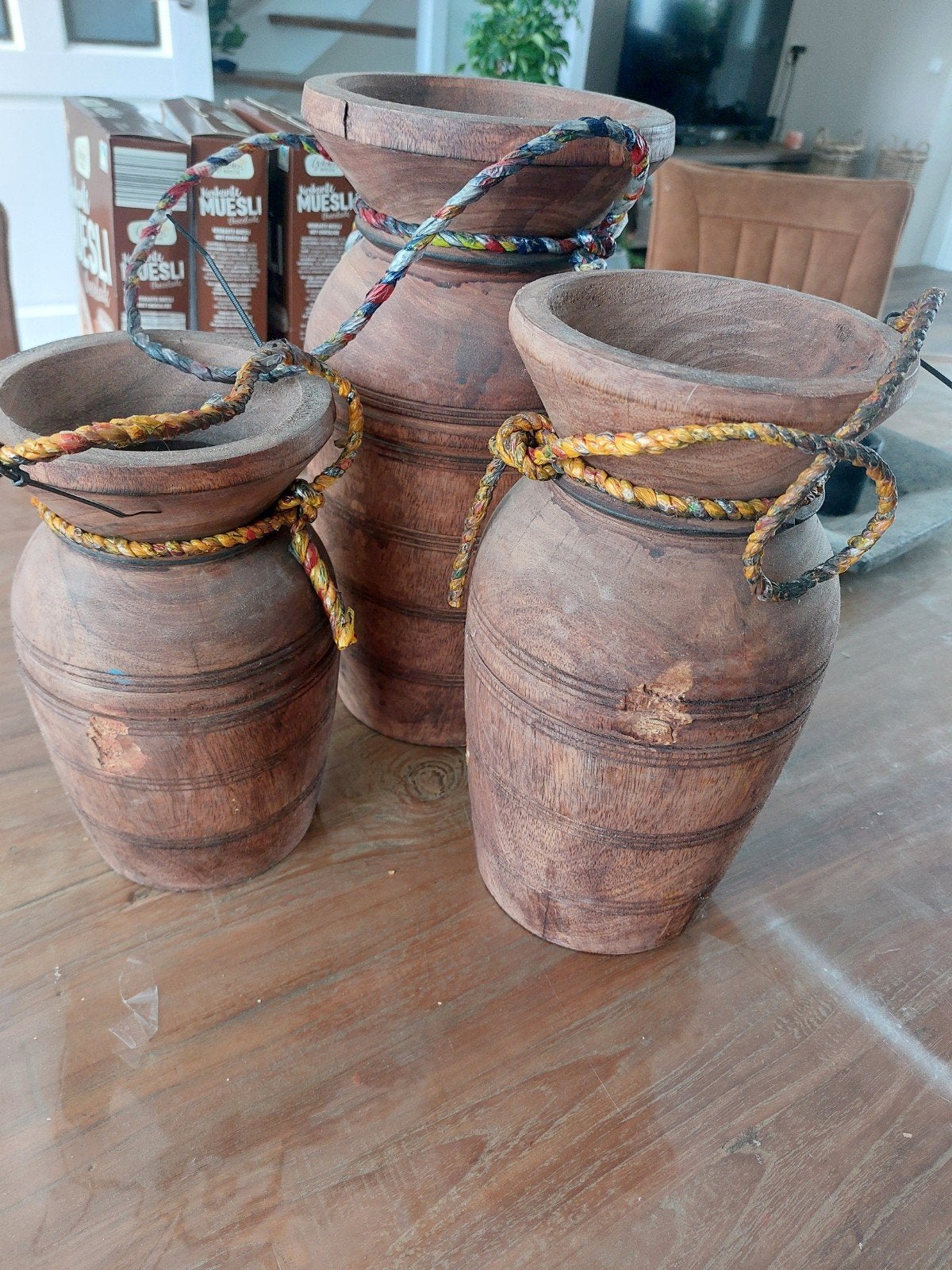 Set van 3 houten vazen met touwdetail - Landelijk/Bohemian, Ophalen of Verzenden