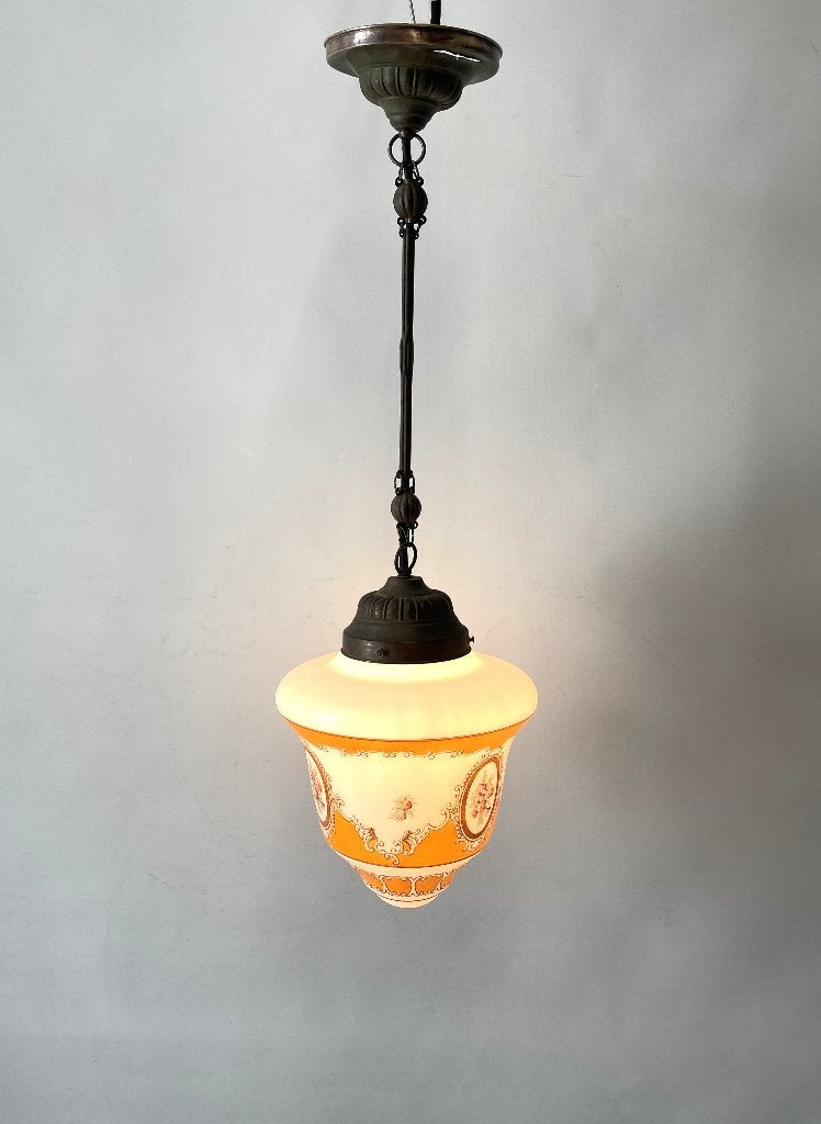 hanglamp met glazen kap en gelede pendel jaren '50 vintage, Gebruikt, Glas, Art Deco, E27 (groot)