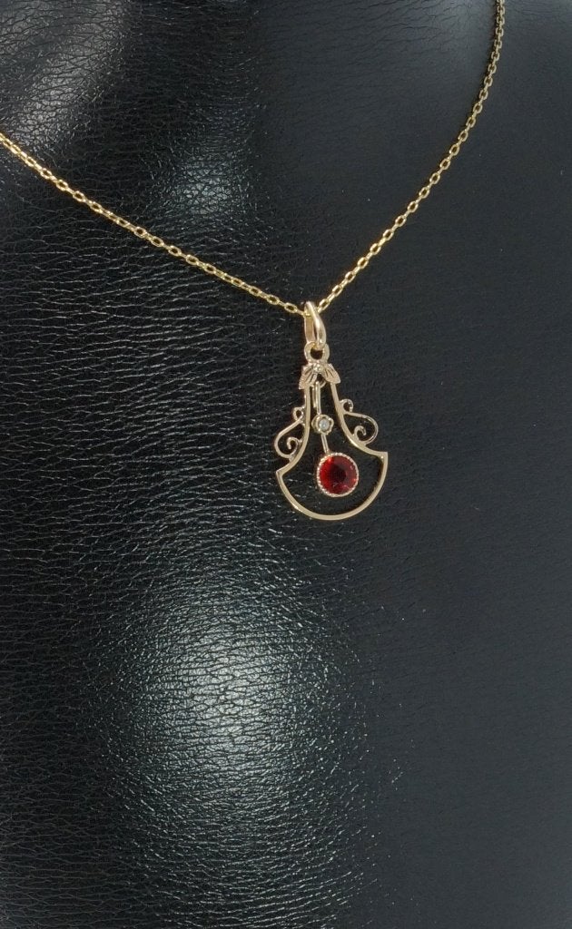 Jugendstil robijn parel 14k goud ketting hanger antiek fraai, Ophalen of Verzenden, Goud, Hanger, Met edelsteen