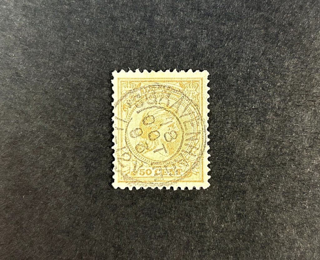 Wilhelmina hangend haar 50ct NVPH 43, Postzegels en Munten, Postzegels | Nederland, Ophalen of Verzenden, T/m 1940, Gestempeld
