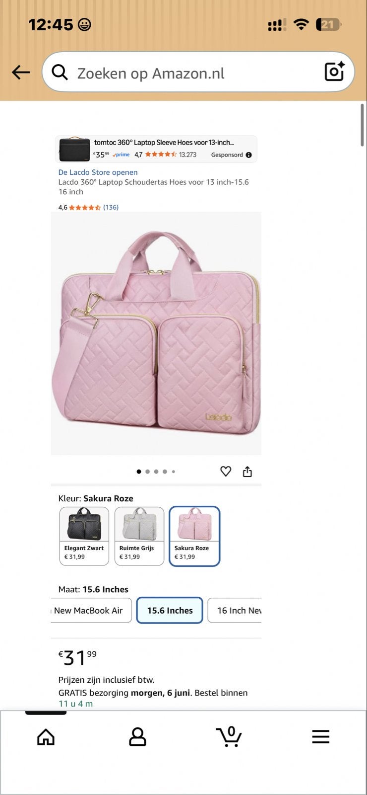 Roze laptophoes met schouderband voor 15.6 inch laptops, Gevoerd laptopvak, 15 inch, Nieuw, Laptophoes