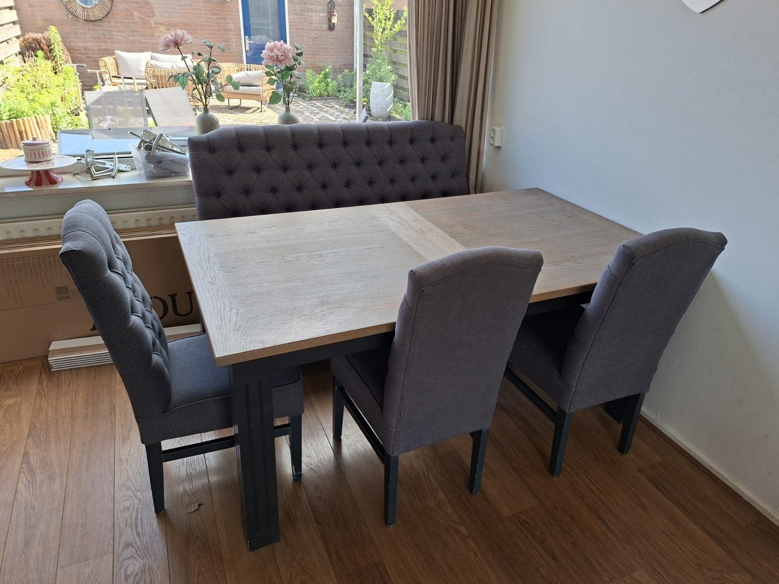 Mooie uitschuifbare eettafel+bank en 3 stoelen, Huis en Inrichting, Tafels | Eettafels, Ophalen, Gebruikt, 200 cm of meer, 50 tot 100 cm