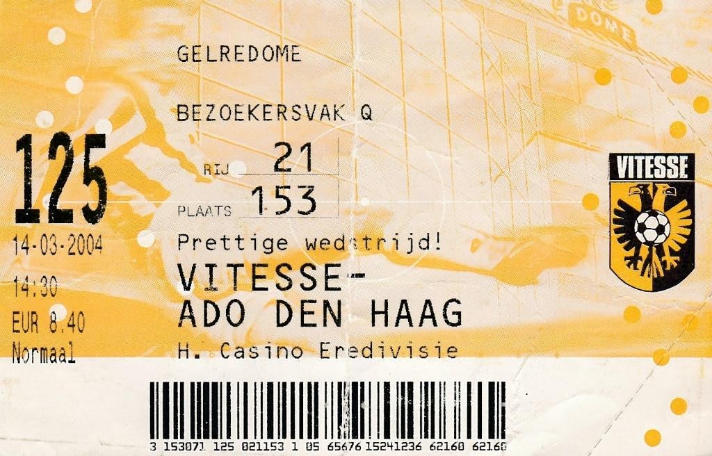 Ticket:Vitesse v ADO Den Haag 14-03-2004, Verzenden, Gebruikt, Overige binnenlandse clubs, Overige typen