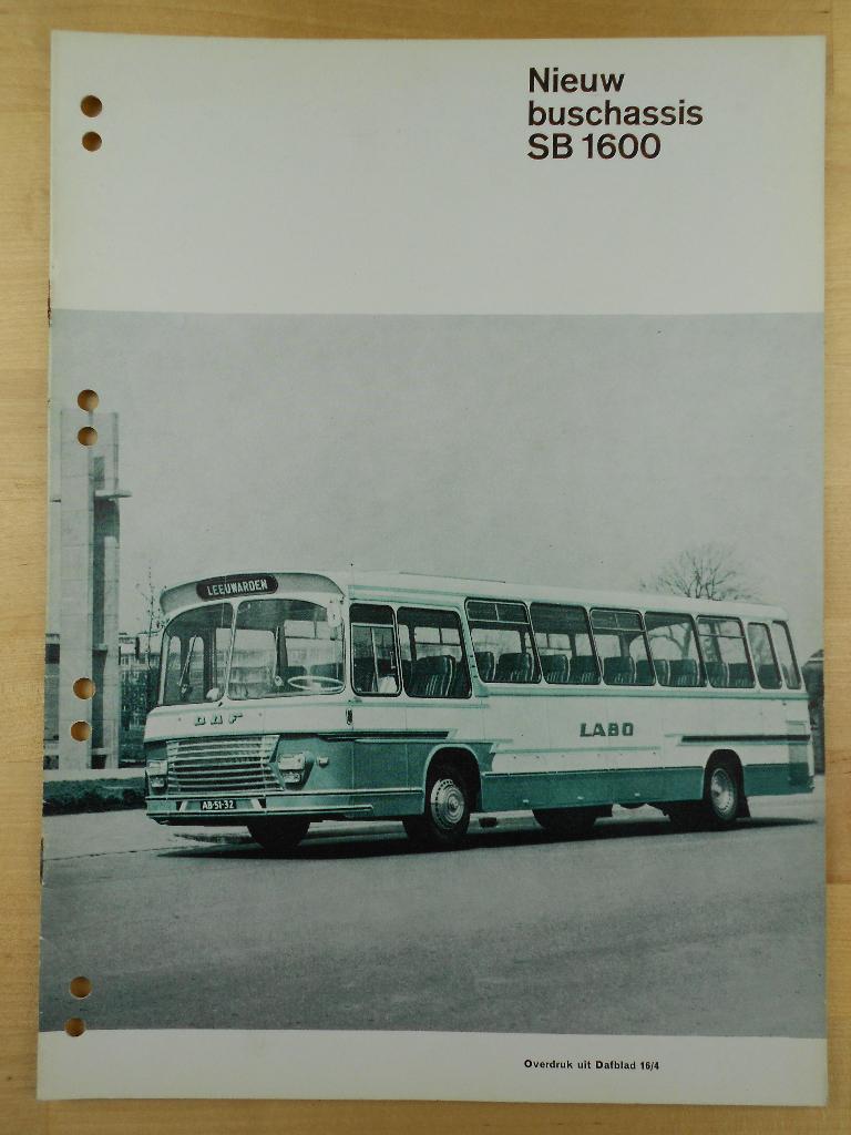 DAF SB1600 Bus Brochure ca 1967 Touringcar SB 1600, Ophalen of Verzenden, Zo goed als nieuw, Overige merken, DAF