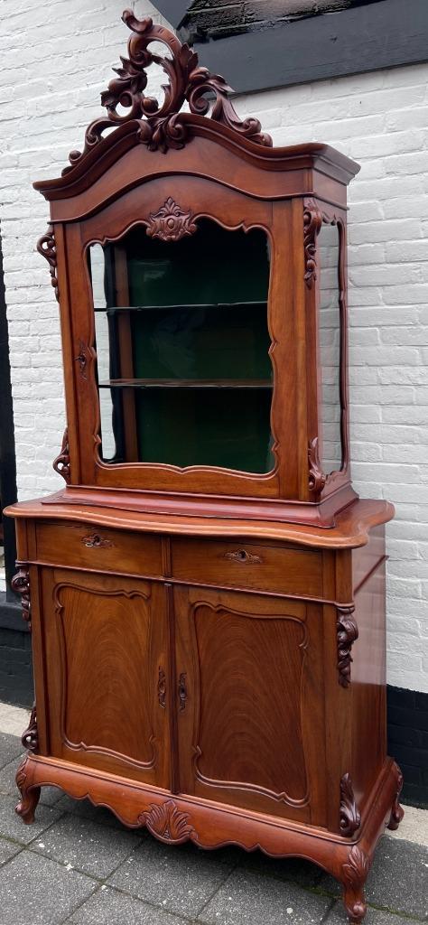 antieke mahonie kast, vitrinekast, servieskast, 230 cm hoog, Ophalen of Verzenden