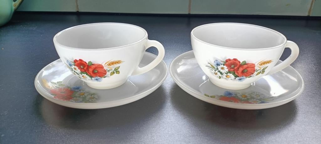 Vintage kopjes en schotels Arcopal Fleurs de Champêtre, Gebruikt, Ophalen of Verzenden, Glas, Overige stijlen