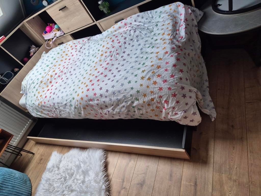 Kinderbed met opbergruimte, 90x200, commode en matras lade, 180 cm of meer, Ophalen, Lattenbodem, 100 cm of meer