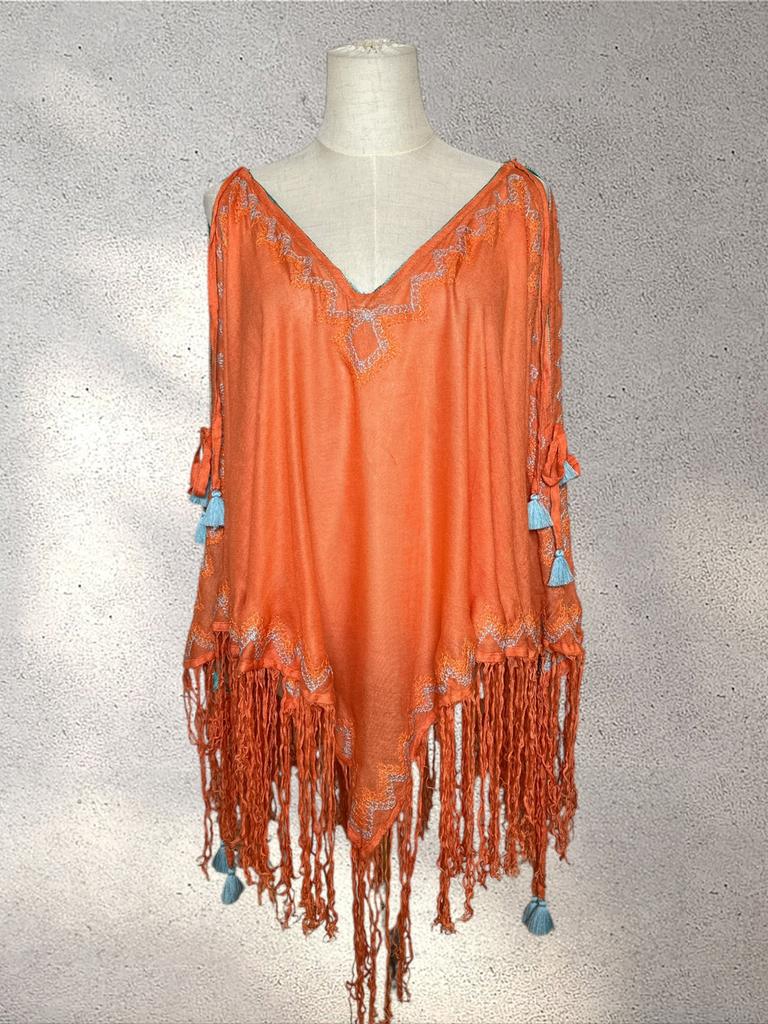 Fleur de Pirate Orange Silk Fringe Poncho One Size, Ophalen of Verzenden, Zo goed als nieuw, Oranje, Overige typen