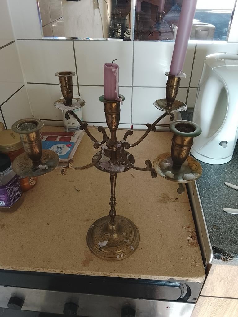 Antieke 5 armige koperen kandelaar nu 15€ doe een leuk bod, Ophalen of Verzenden