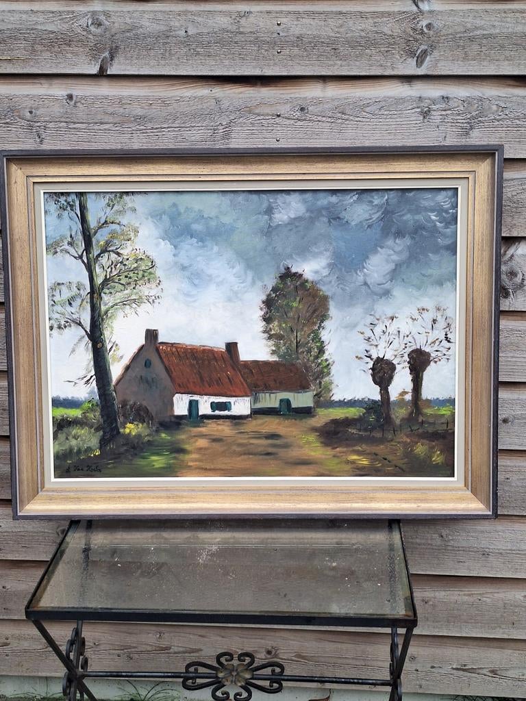 Sfeervol olieverfschilderij L. Van Hecke - Vlaams boerderijt, Ophalen of Verzenden