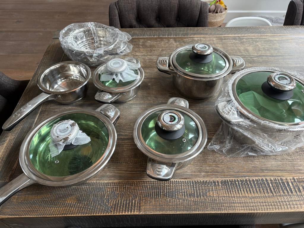 Pannenset 12 delig, Ophalen, Zo goed als nieuw, Rvs, Pannenset