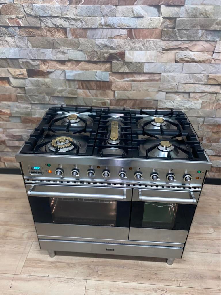 Nette Boretti 5 pits RVS met dubbele oven 90 cm, Gebruikt, Fornello Esperta, Ophalen of Verzenden, Energieklasse A of zuiniger