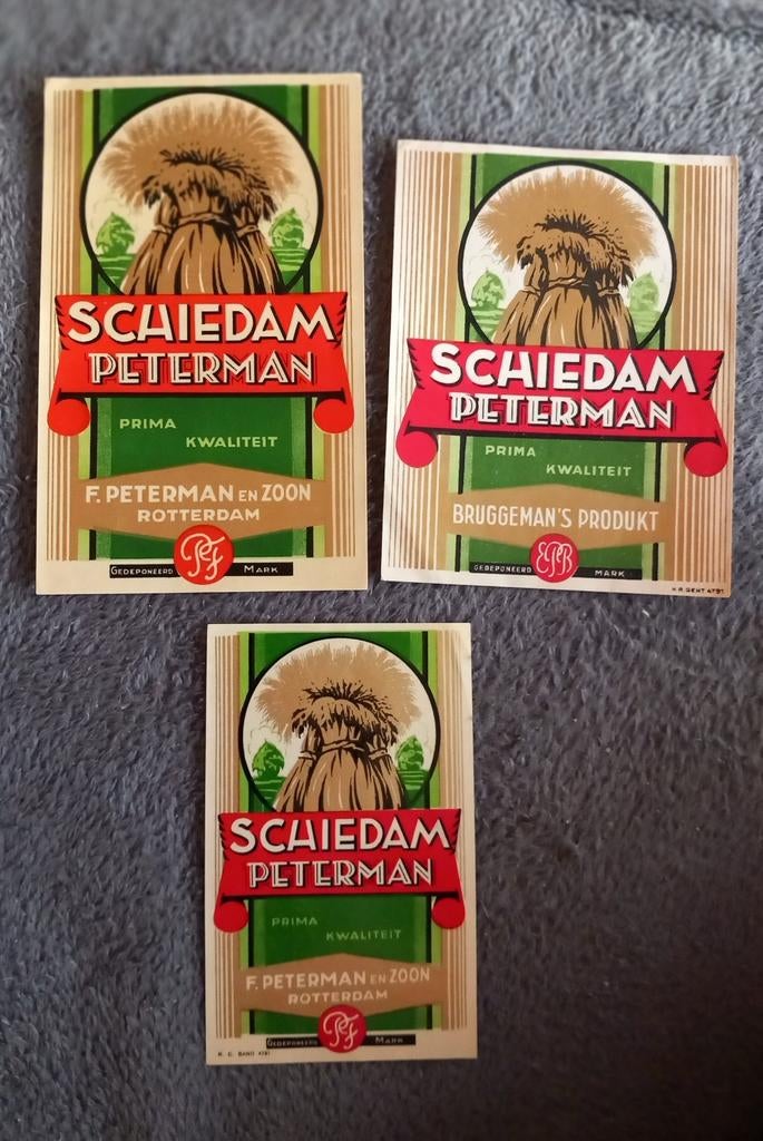 Set van 3 Jenever etiketten Peterman Schiedam  Rotterdam, Ophalen of Verzenden, Zo goed als nieuw, Gebruiksvoorwerp