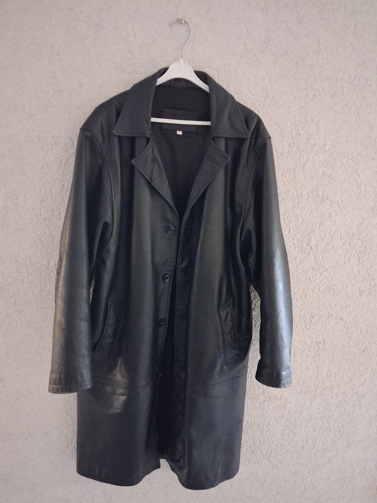 Lange leren jas, Ophalen of Verzenden, Zo goed als nieuw, Maat 56/58 (XL), Zwart