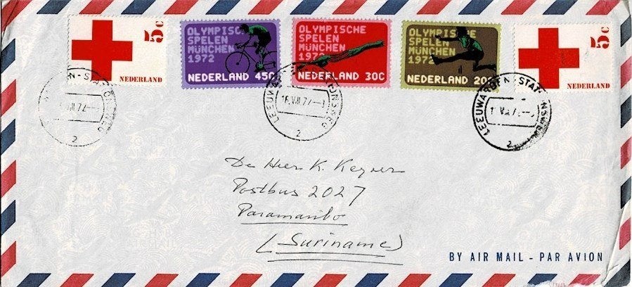 Brief 1974 naar Suriname met Olypiadezegels 1972 (#113), Postzegels en Munten, Brieven en Enveloppen | Nederland, Ophalen of Verzenden