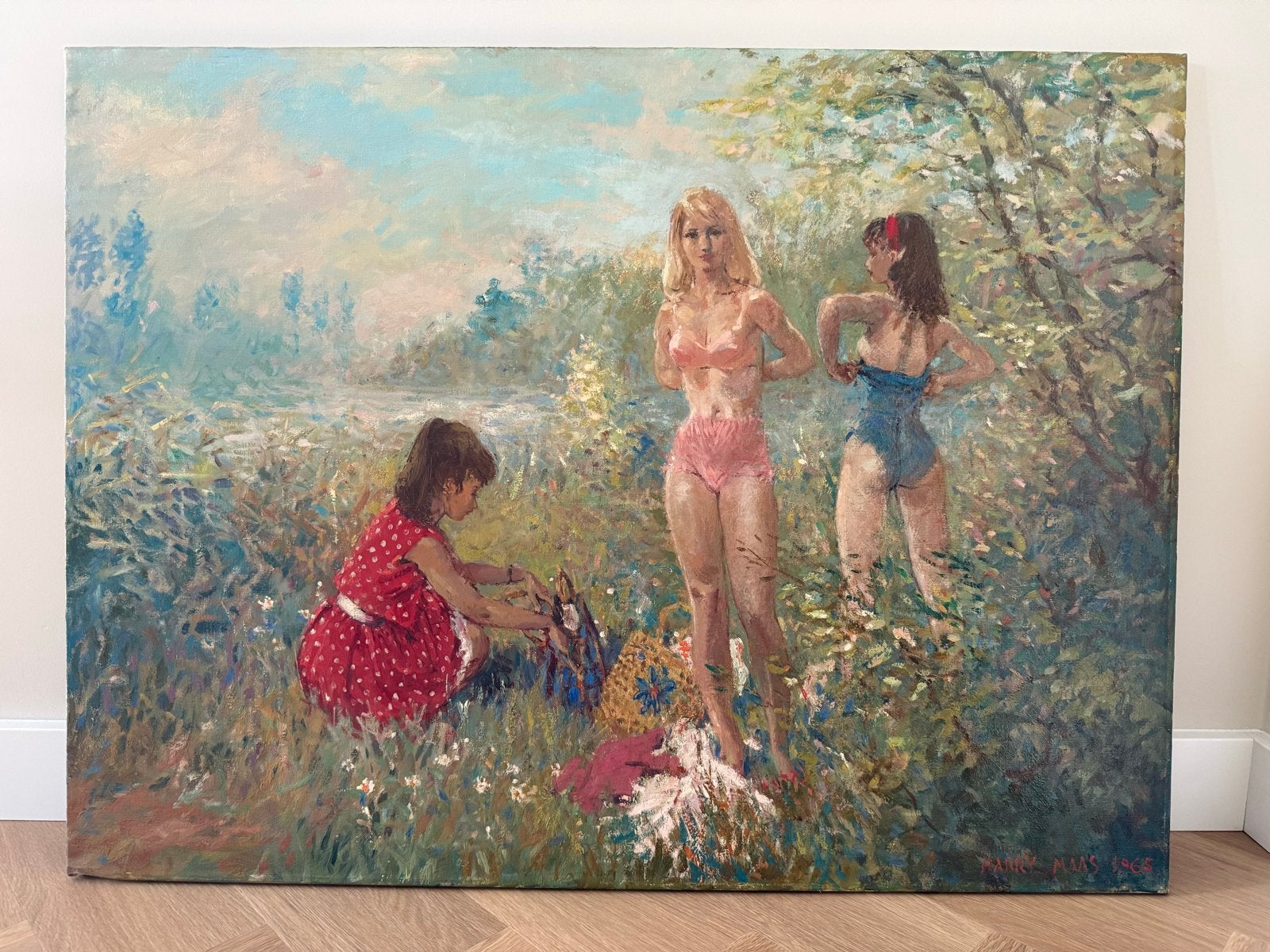 Olieverfschilderij Harry Maas - Drie Vrouwen in Landschap, Ophalen, Doek, Portret of Personen, Impressionistisch