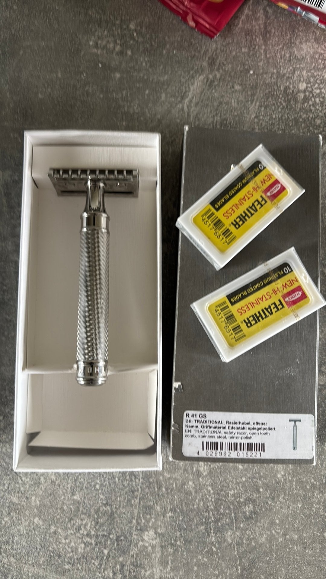 Muhle r41 RVS scheermes safety razor, Ophalen of Verzenden, Nieuw, Gehele gezicht