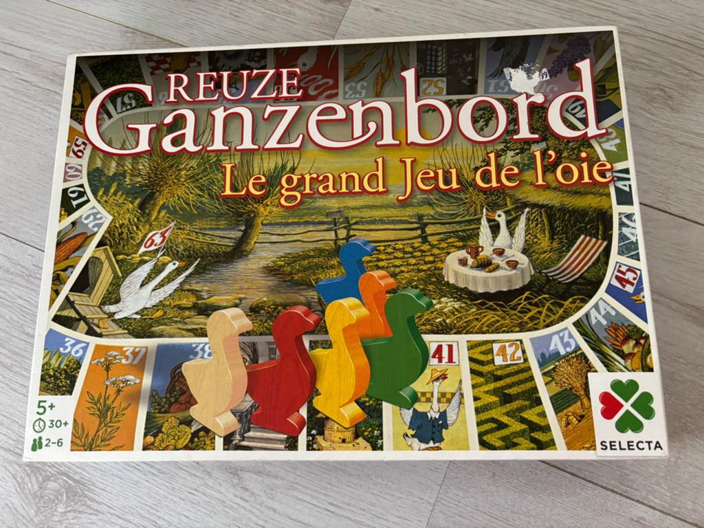 Reuze Ganzenbord met houten ganzen, Hobby en Vrije tijd, Gezelschapsspellen | Bordspellen, Ophalen of Verzenden, Zo goed als nieuw