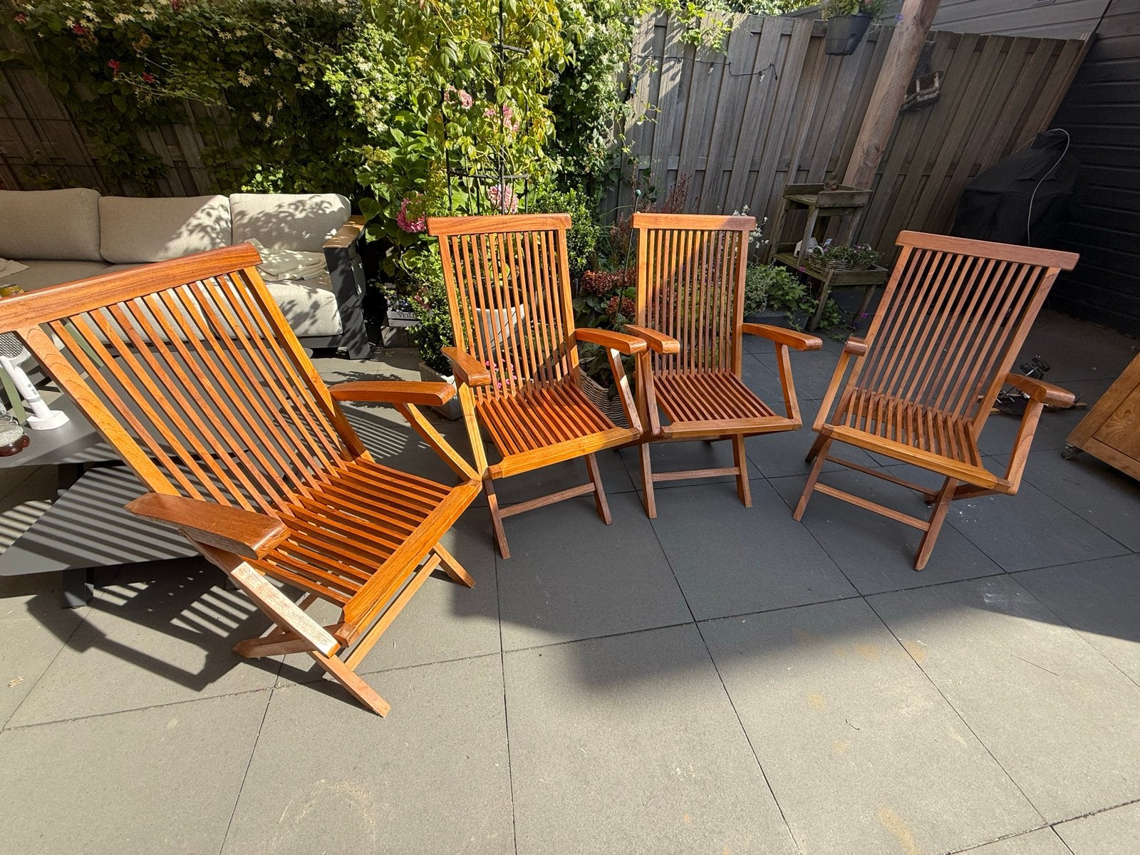 4 massief teakhouten Balinese tuinstoelen, opklapbaar, Tuin en Terras, Tuinstoelen, Ophalen, Zo goed als nieuw, Teakhout, Inklapbaar