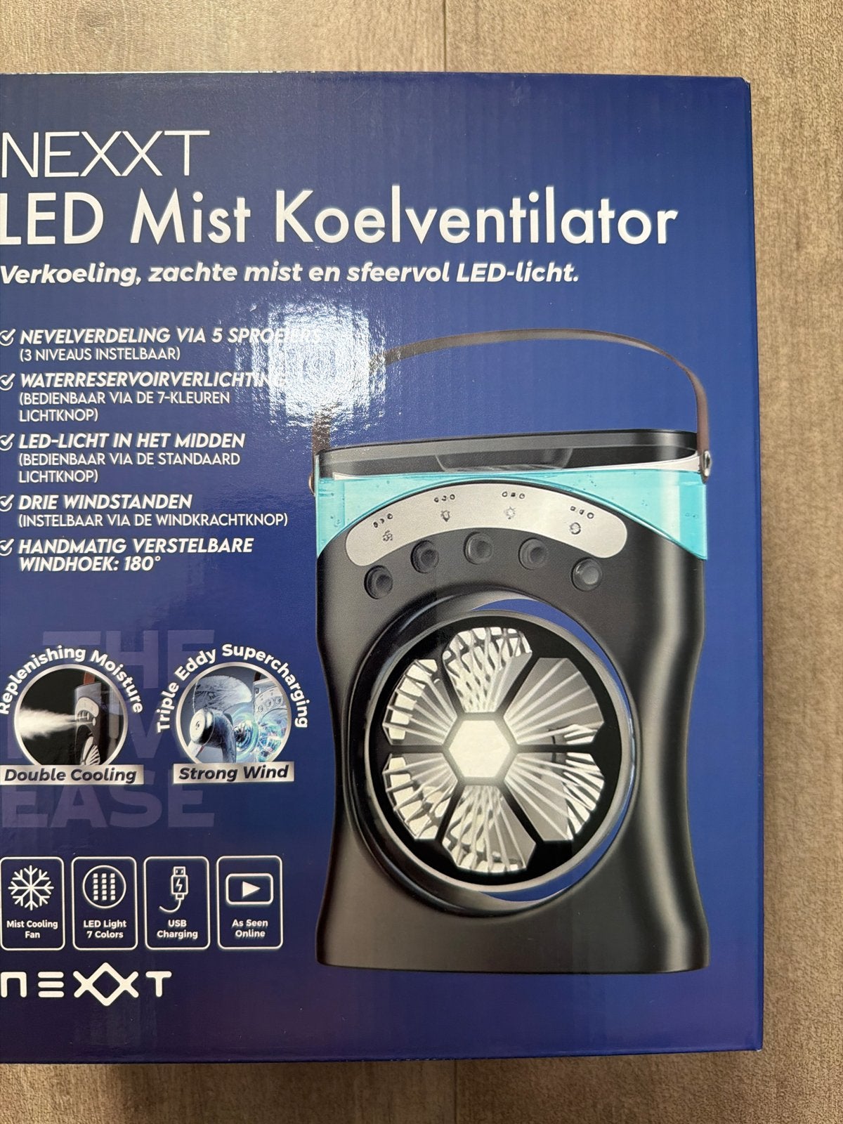 NEXXT LED Mist Koelventilator - Verkoeling & Sfeervol Licht, Ophalen of Verzenden, Nieuw, Tafelventilator