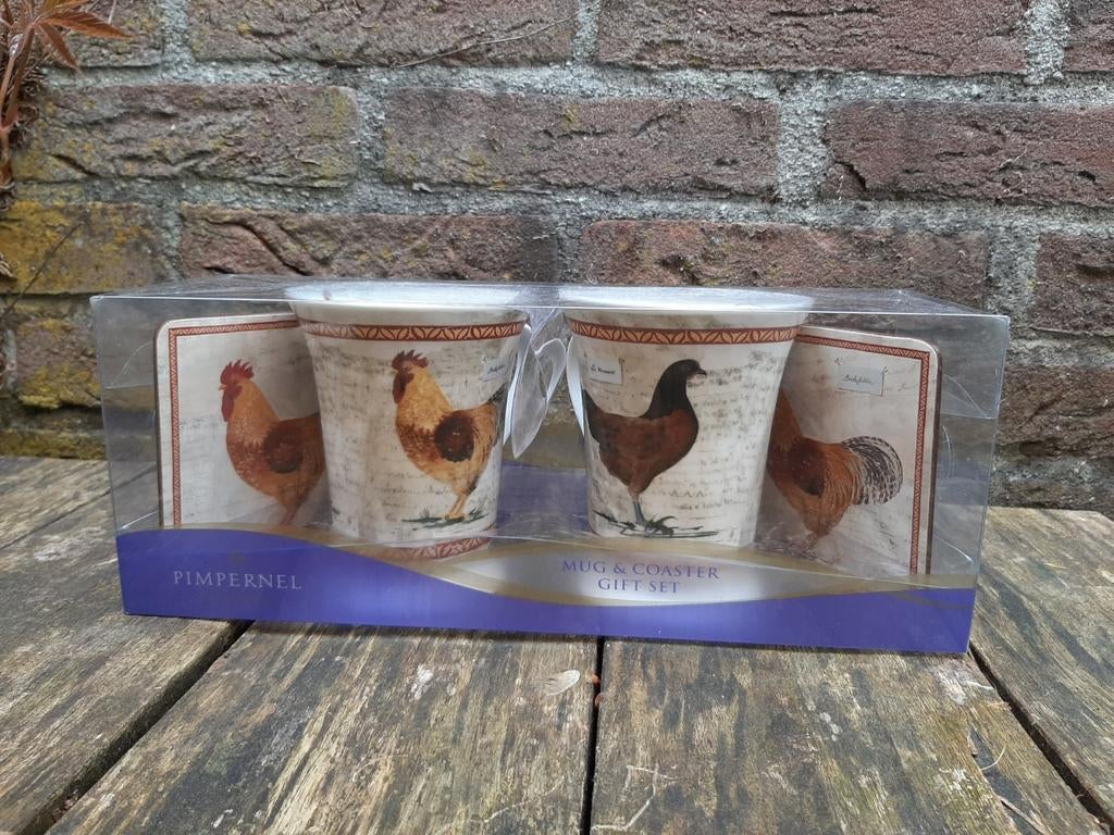 Pimpernel mokkenset mok set onderzetters giftset kip kippen, Ophalen of Verzenden