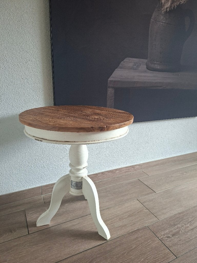 Bijzettafel mango blad en crèmewitte pootjes, Huis en Inrichting, Tafels | Bijzettafels, Minder dan 55 cm, Gebruikt, Rond, Authentiek