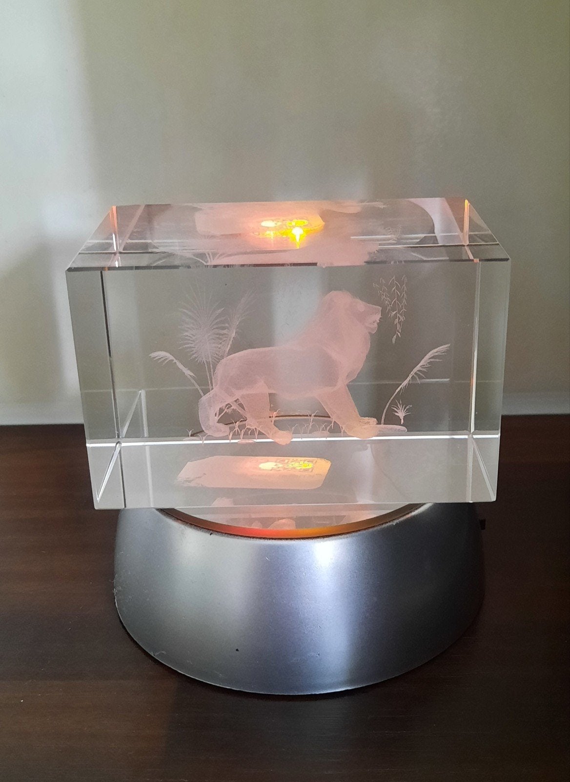 3D leeuw in glazen blok op lichtbron - verschillende kleuren, Nieuw, Overige fittingen, Ophalen of Verzenden, Glas