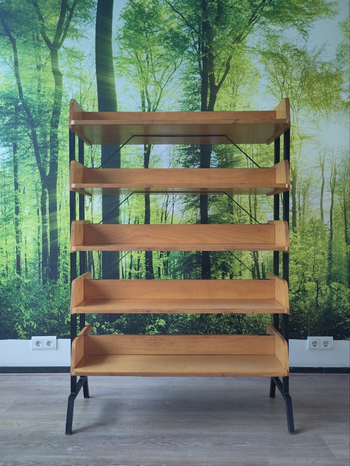 Vintage houten boekenkast roomdivider bibliotheek kast hout, Met plank(en), Gebruikt, 100 tot 150 cm, Mid century modern