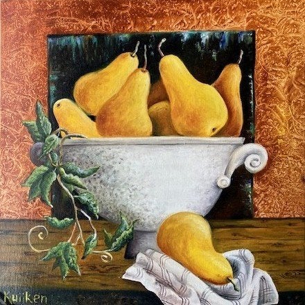 "Pears" (Oil painting by Kuijken, 40 x 40 cm), Ophalen of Verzenden, Nieuw, Knutselwerk