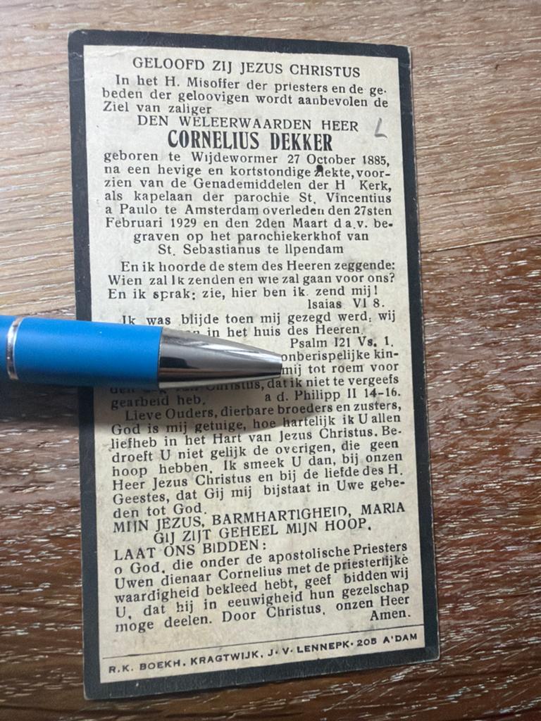Dekker Cornelis Wijdewormer 1929 Amsterdam Ilpendam kapelaan, Verzamelen, Ophalen of Verzenden