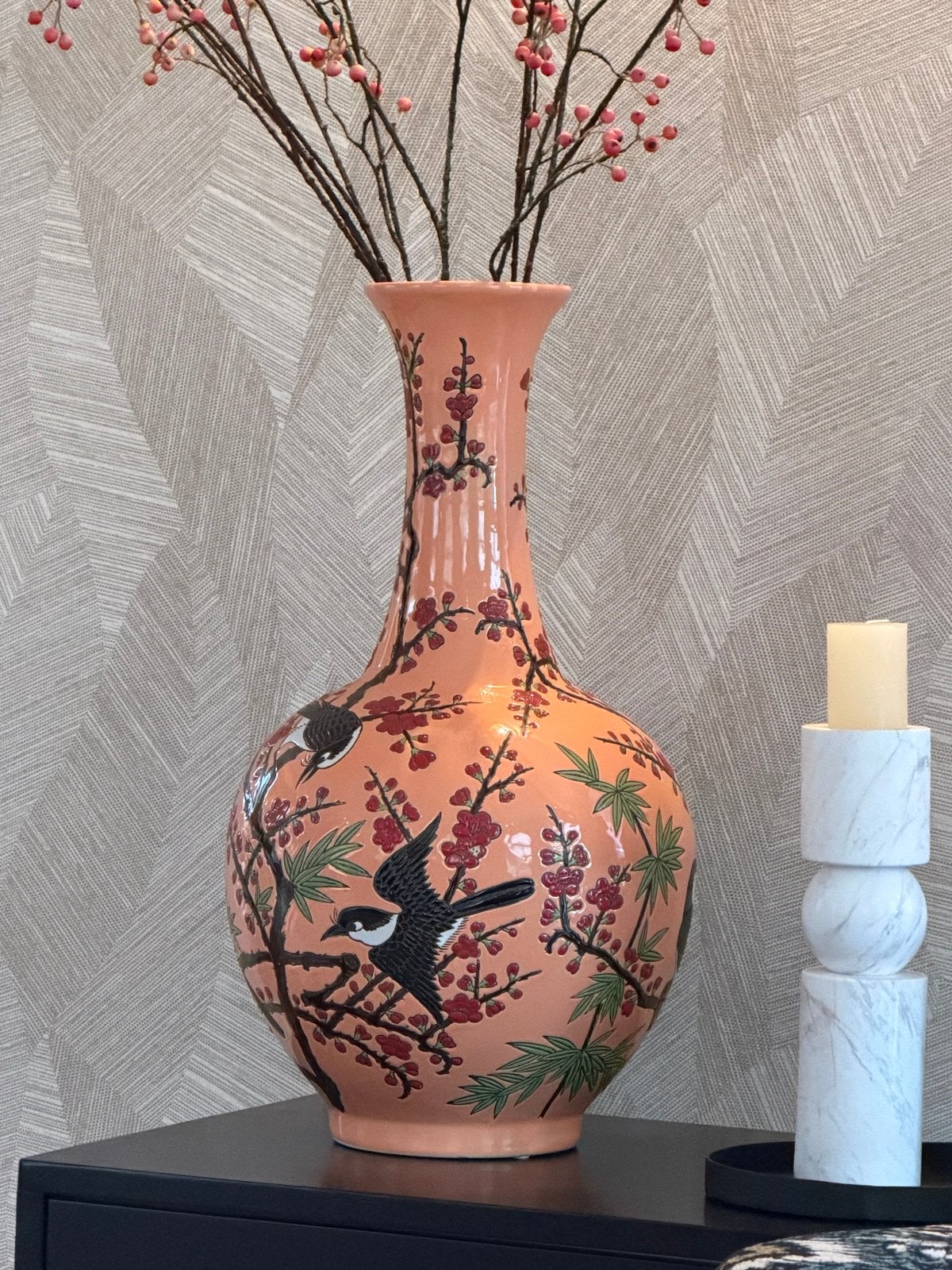 Des Pots Vaas met Vogel- en Bloesemdecor, Ophalen, Met patroon/structuur, Oranje, Zo goed als nieuw