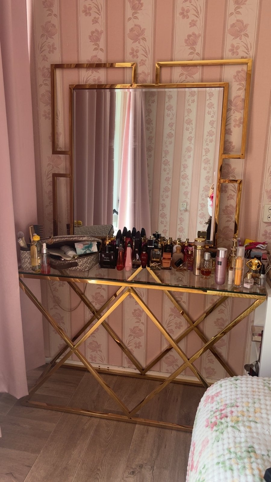 Luxe gouden console tafel met spiegel, Ophalen of Verzenden, Zo goed als nieuw, Metaal of Aluminium, 100 tot 150 cm