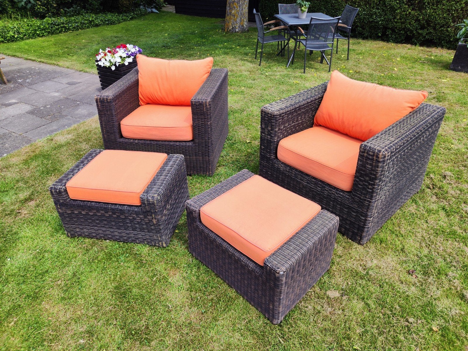 Wicker Loungeset met 2 Stoelen en 2 Hockers incl. kussens, Tuin en Terras, Gebruikt, Stoel, Loungeset, Wicker