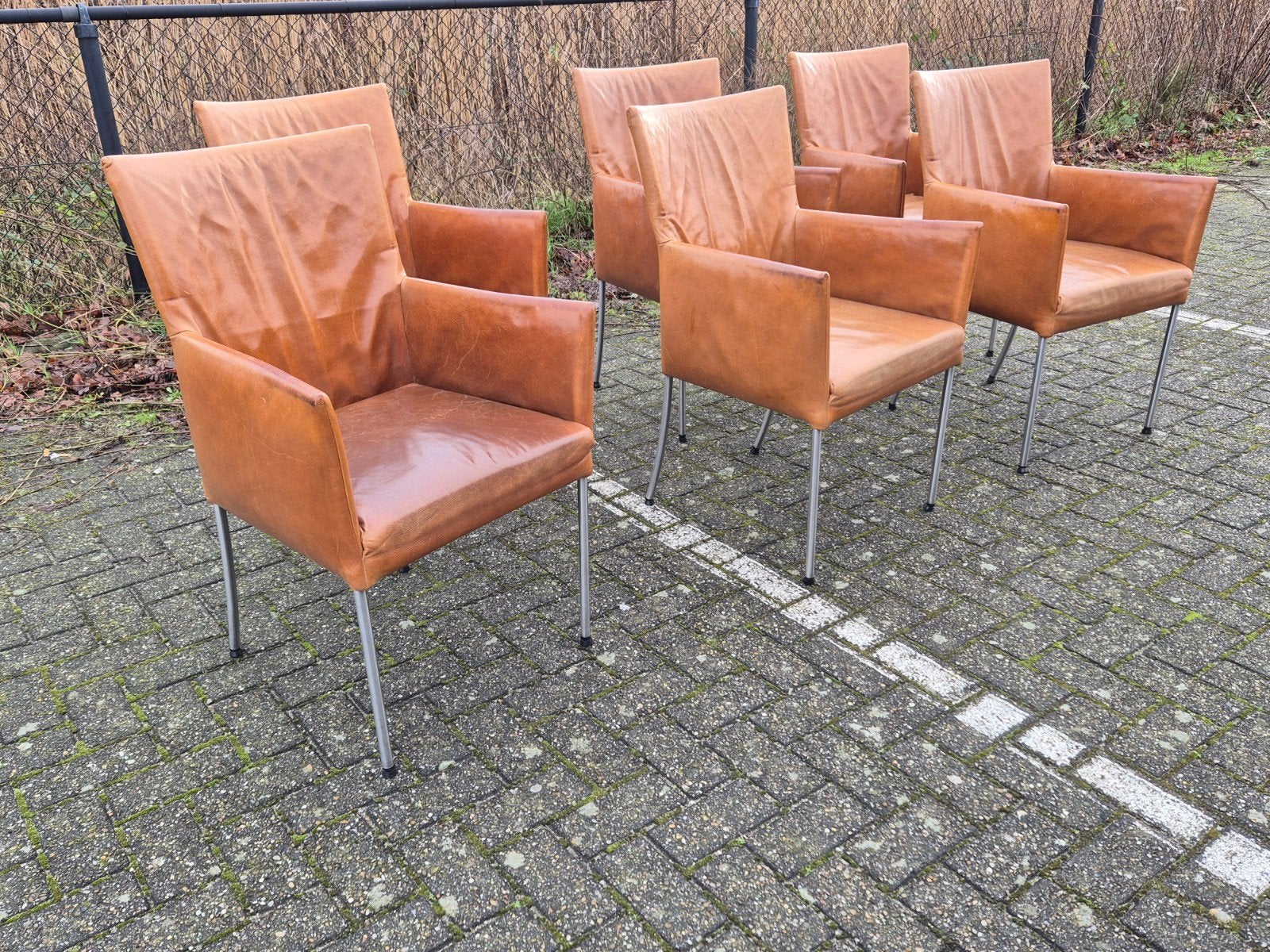 6 bert plantagie design eetkamerstoelen Arc leer licht bruin, Huis en Inrichting, Stoelen, Ophalen, Gebruikt, Bruin, Enzo luca