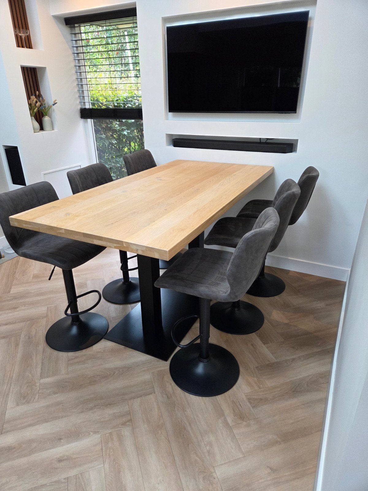 Eiken bartafel met krukken., Ophalen, Rechthoekig, 100 tot 150 cm, 50 tot 100 cm
