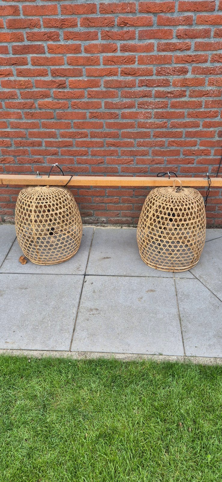 Set van 2 rotan hanglampen - Boho stijl, Ophalen, Gebruikt, Boho, Natuurlijk materiaal