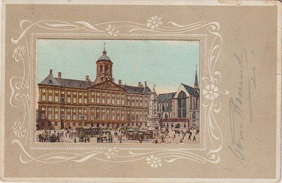 Amsterdam Dam met fraaie reliëfrand/trams 1901, Verzenden, Voor 1920, Gelopen, Noord-Holland